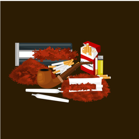 Smoking wooden pipe and tobacco and smoking equipment vector illustration.のイラスト素材