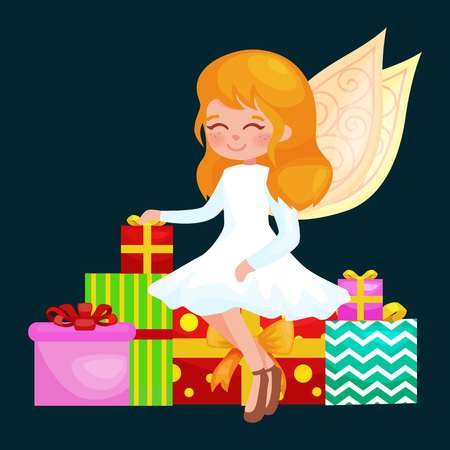 christmas holiday flying angel with wings and golden trumpet like symbol in Christian religion or new year holiday vector illustration.のイラスト素材