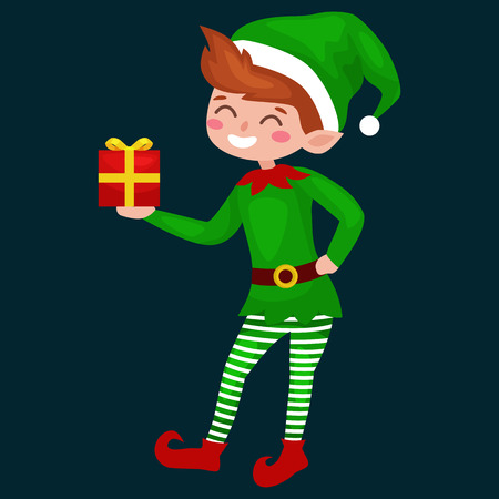 Christmas elf isolated with gifts in box in a green suit with, assistant of Santa Claus, boy helper holding gifts for happy new year vector illustrationの写真素材