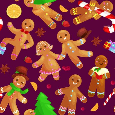 set christmas cookies gingerbread man and girl near sweet house decorated with icing dancing and having fun in a cap with the Christmas tree and gifts, xmas sweet food vector illustration.のイラスト素材