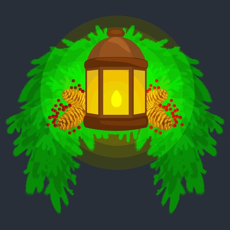 Lantern stands on the spruce branches and candle light shines warm on pine cones, vector illustration for a Merry Christmas and Happy New Year.のイラスト素材