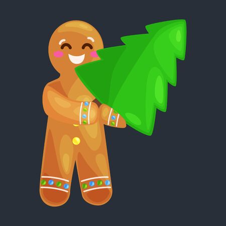 set christmas cookies gingerbread man and girl near sweet house decorated with icing dancing and having fun in a cap with the Christmas tree and gifts, xmas sweet food vector illustration.のイラスト素材