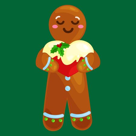 set christmas cookies gingerbread man and girl near sweet house decorated with icing dancing and having fun in a cap with the Christmas tree and gifts, xmas sweet food vector illustration.のイラスト素材