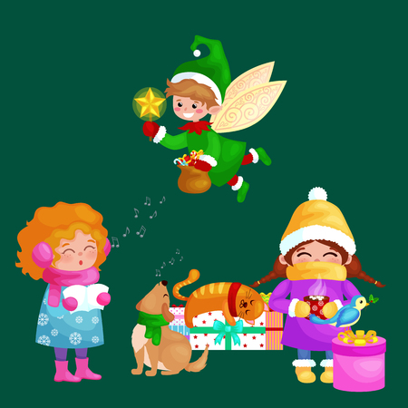 illustrations set Merry Christmas Happy new year, girl sing holiday songs with pets, snowman gifts cat and dog enjoy presents, owls family and bird,Christmas elf Santa Claus climbing chimney with bag.のイラスト素材