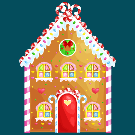 gingerbread house decorated candy icing and sugar.christmas cookies, traditional winter holiday xmas homemade baked sweet food vector illustration.のイラスト素材
