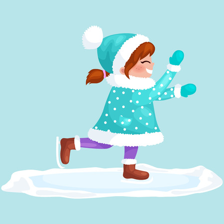 girl outdoor skating ice isolated, fun winter holiday activity, merry christmas and happy new year vector illustration.のイラスト素材