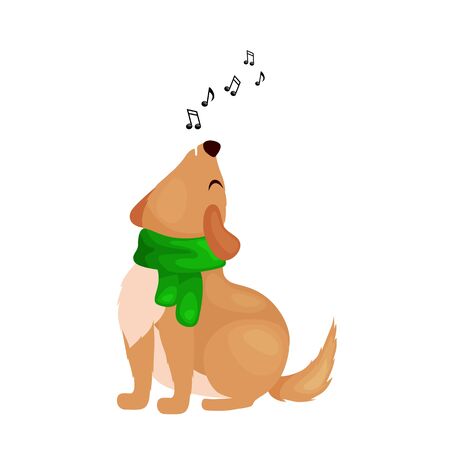 dog singing christmas songs and jingle bells music on winter holiday fun vector illustration,のイラスト素材