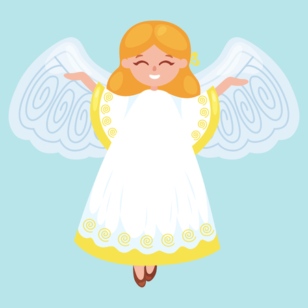 christmas holiday flying angel with wings and golden trumpet like symbol in Christian religion or new year holiday vector illustration.のイラスト素材