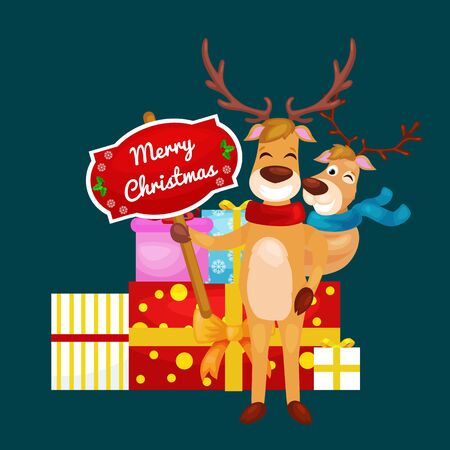 christmas set of deer with banner isolated, happy winter xmas holiday animal greeting card, santa helper reindeer vector illustration.のイラスト素材