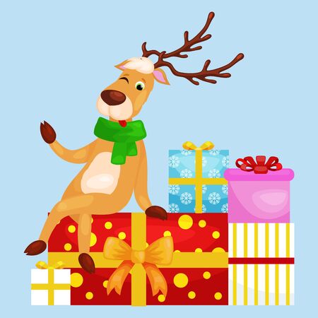 christmas set of deer with banner isolated, happy winter xmas holiday animal greeting card, santa helper reindeer vector illustration.のイラスト素材