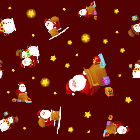 Seamless pattern Merry Christmas and Happy New Year, Friends Santa Claus in hat with presents and snowman in scarf celebrate xmas, stars and winter gifts vector illustration.のイラスト素材