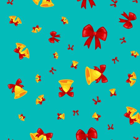 texture of golden Christmas decoration bells with cartoon red bow, jingle bells seamless pattern foe winter holiday vector illustration, xmas background.のイラスト素材
