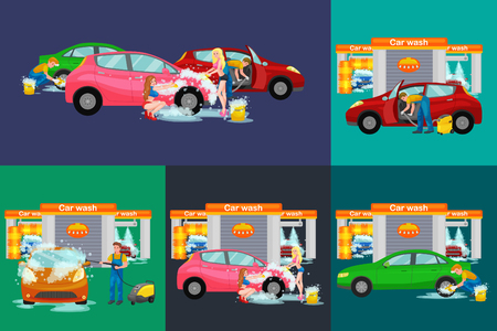 contactless car washing services, bikini model girl cleaning auto with soap and water, vehicle interior vacuum cleaner, isolated man drying automobile vector illustrationのイラスト素材