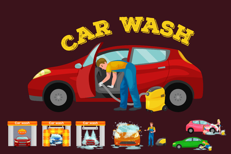 contactless car washing services, bikini model girl cleaning auto with soap and water, vehicle interior vacuum cleaner, isolated man drying automobile vector illustrationのイラスト素材