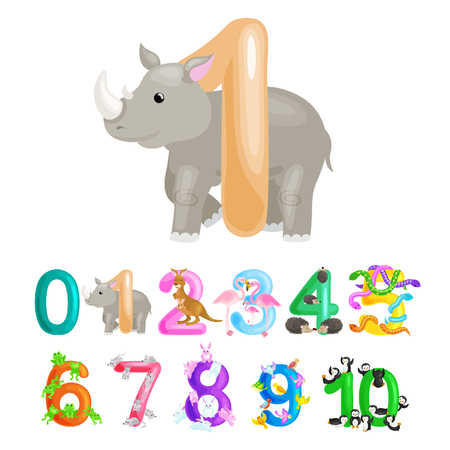 ordinal number 1 for teaching children counting one rhino with the ability to calculate amount animals abc alphabet kindergarten books or elementary school posters collection vector illustrationのイラスト素材