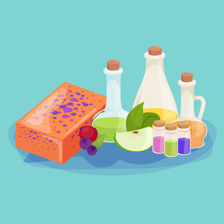 set of natural organic hand made soap with olives vector illustration, body beauty care concept, nature cosmetics aroma bar for herbal handmade spa products collectionのイラスト素材