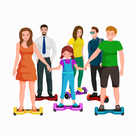 Active people fun with electric scooter, segway new modern technology hover board.のイラスト素材
