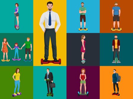 Active peoples fun with electric scooter illustartionsのイラスト素材