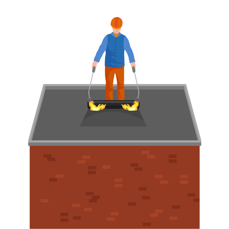 Roof construction worker repair home, build structure fixing rooftop tile house with labor equipment, roofer men with work tools in hands outdoors renovation residential vector illustrationのイラスト素材