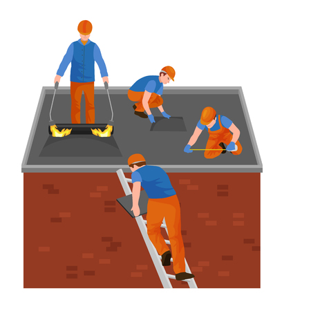 Roof construction worker repair home, build structure fixing rooftop tile house with labor equipment, roofer men with work tools in hands outdoors renovation residential vector illustrationのイラスト素材