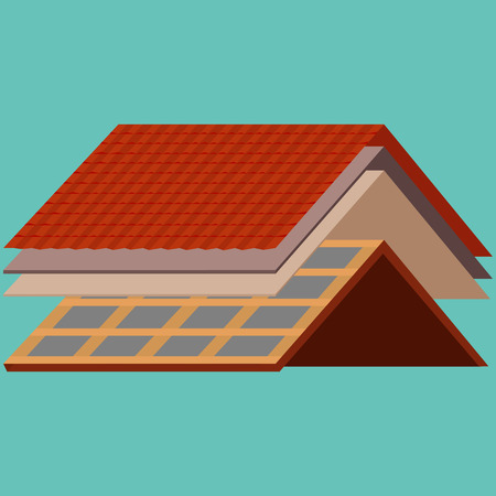 Roof construction worker repair home, build structure fixing rooftop tile house with labor equipment, roofer men with work tools in hands outdoors renovation residential vector illustrationのイラスト素材