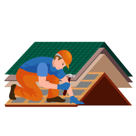Roof construction worker repair home, build structure fixing rooftop tile house with labor equipment, roofer men with work tools in hands outdoors renovation residential vector illustrationのイラスト素材