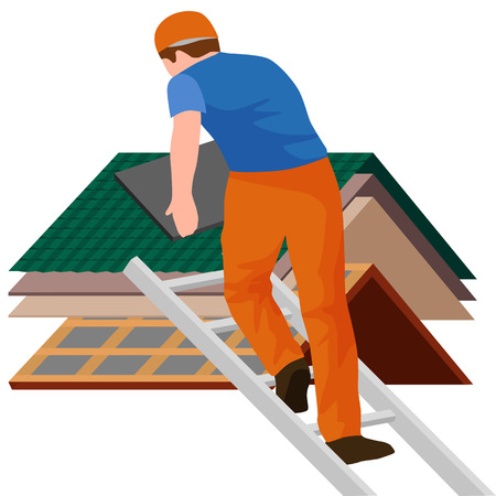 roof construction worker repair home, build structure fixing rooftop tile house with labor equipment, roofer men with work tools in hands outdoors renovation residential vector illustrationのイラスト素材