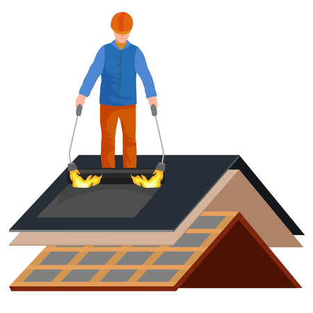 roof construction worker repair home, build structure fixing rooftop tile house with labor equipment, roofer men with work tools in hands outdoors renovation residential vector illustrationのイラスト素材