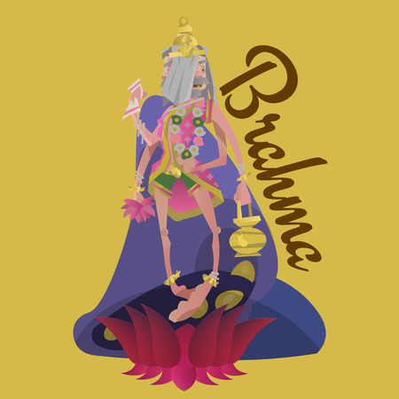 beautiful Brahma, born from a lotus isolated Indian Gods meditation yoga poses lotus and Goddess hinduism religion, traditional asian culture spiritual mythology vector illustrations, T-shirt conceptsのイラスト素材