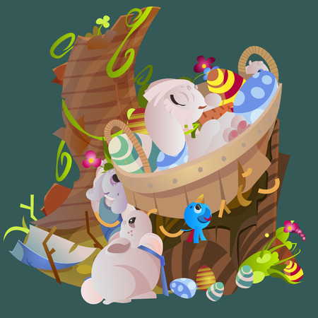 Set of easter chocolate egg hunt bunny basket on green grass decorated flowers, funny ears,spring season holiday  greeting card banner collection vector illustration backgroundのイラスト素材