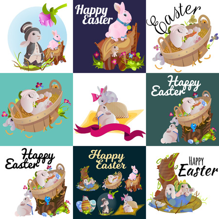 Set of easter chocolate egg hunt bunny basket on green grass decorated flowers, rabbit funny ears, happy spring season holiday tradition greeting card banner collection vector illustration backgroundのイラスト素材