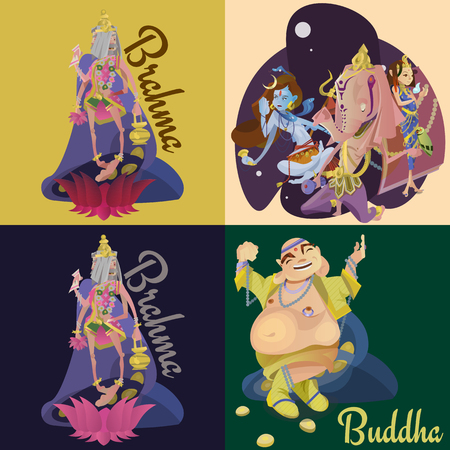 Set of isolated hindu gods meditation in yoga poses lotus and Goddess hinduism religion, traditional asian culture spiritual mythology, deity worship festival vector illustrations, T-shirt conceptsのイラスト素材