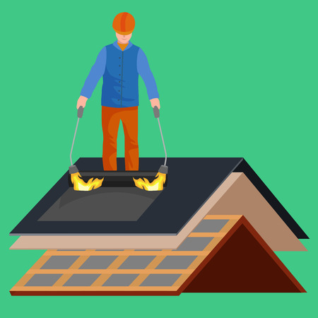 roof construction worker repair home, build structure fixing rooftop tile house with labor equipmentのイラスト素材
