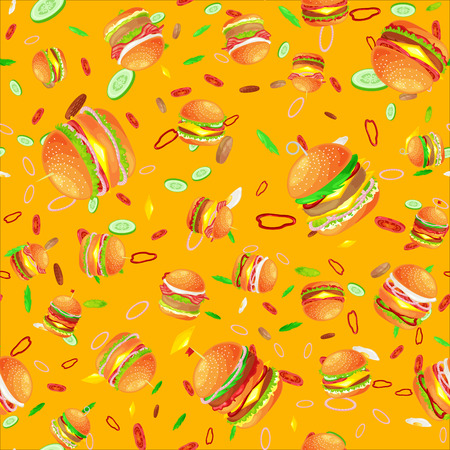 Seamless pattern tasty burger grilled beef and fresh vegetables dressed with sauce bun for snack, american hamburger fast food meal menu barbecue meat bread tomato cheese vecor illustration backgroundのイラスト素材