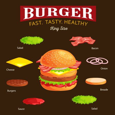 Set of burger grilled beef vegetables dressed with sauce bun snack, hamburger fast food meal menu barbecue meat with detailed individual flying slices menu ingredients vecor illustration backgroundのイラスト素材
