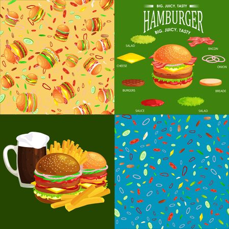 Set of burger grilled beef vegetables dressed with sauce bun snack, hamburger fast food meal menu barbecue meat with detailed individual flying slices menu ingredients vecor illustration backgroundのイラスト素材