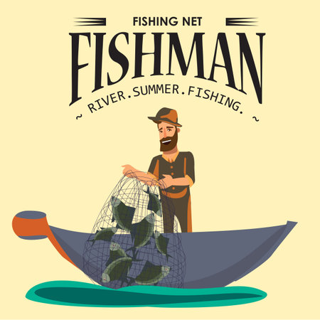 Cartoon fisherman standing in hat and pulls net on boat out of water, happy fishman holds fish illustration isolated icon. Vacation flat fisher catch concept, man active hobby character designのイラスト素材