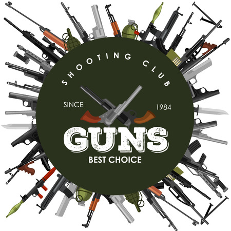 military gun set, automatic and hand weapon in magazine barrel with bullets for protection shoting or war collection, handgun for hunting equipment, ammunition background vector illustrationのイラスト素材