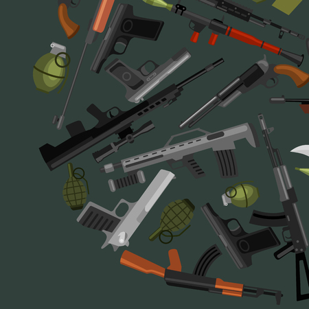 military gun set, automatic and hand weapon in magazine barrel with bullets for protection shoting or war collection, handgun for hunting equipment, ammunition background vector illustrationのイラスト素材