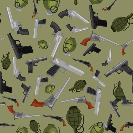 military gun seamless pattern, automatic and hand weapon in magazine barrel with bullets for protection shoting or war texture, handgun for hunting and police equipment background vector illustrationのイラスト素材