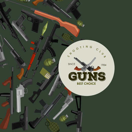 military gun set, automatic and hand weapon in magazine barrel with bullets for protection shoting or war collection, handgun for hunting equipment, ammunition background vector illustrationのイラスト素材