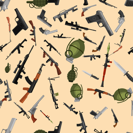 military gun seamless pattern, automatic and hand weapon in magazine barrel with bullets for protection shoting or war texture, handgun for hunting and police equipment background vector illustrationのイラスト素材