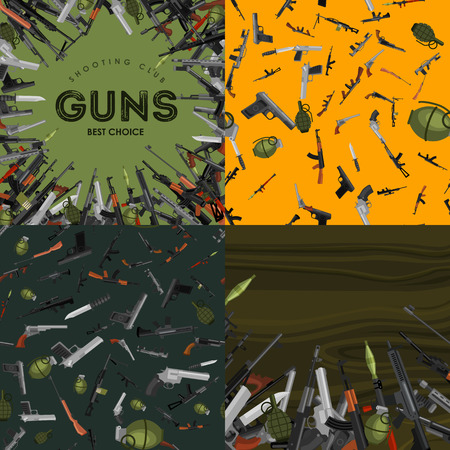 military gun set, automatic and hand weapon in magazine barrel with bullets for protection shoting or war collection, handgun for hunting and police equipment, ammunition background isolated vector illustrationのイラスト素材