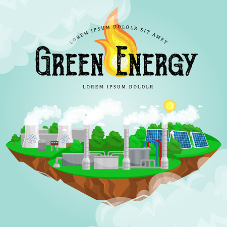 renewable ecology energy icons, green city power alternative resources concept, environment save new technology, solar and wind electricity vector illustrationのイラスト素材