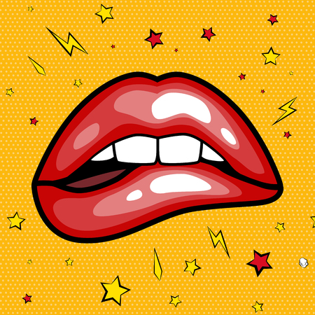fashion girls lips with red lipstick in cartoon pop art style patch badges, cool retro collection sticker vector illustrationのイラスト素材