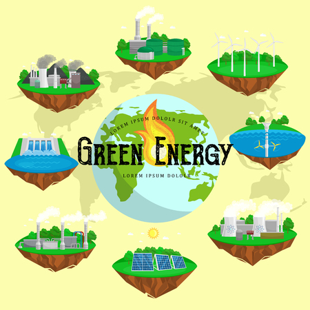 Renewable ecology energy icons, green city power alternative resources concept, environment save new technology, solar and wind electricity vector illustrationのイラスト素材