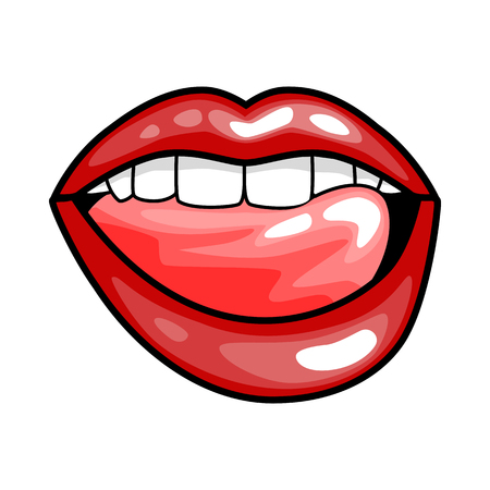 fashion girls lips with red lipstick in cartoon pop art style patch badges, cool retro collection sticker vector illustrationのイラスト素材