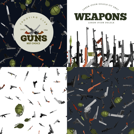 military gun set, automatic and hand weapon in magazine barrel with bullets for protection shoting or war collection, handgun for hunting and police equipment, ammunition background isolated vector illustrationのイラスト素材