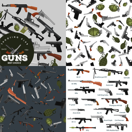 military gun set, automatic and hand weapon in magazine barrel with bullets for protection shoting or war collection, handgun for hunting and police equipment, ammunition background isolated vector illustrationのイラスト素材