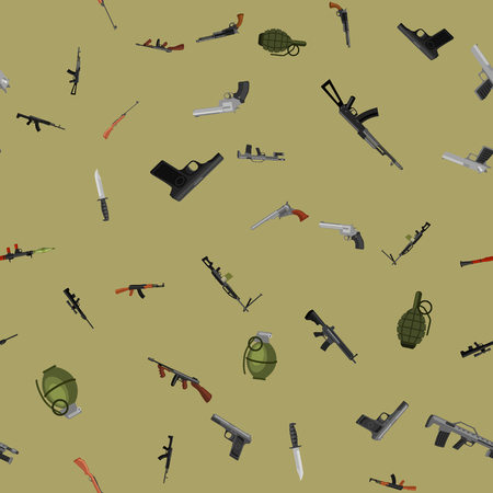 military gun seamless pattern, automatic and hand weapon in magazine barrel with bullets for protection shoting or war texture, handgun for hunting and police equipment background vector illustration.の写真素材